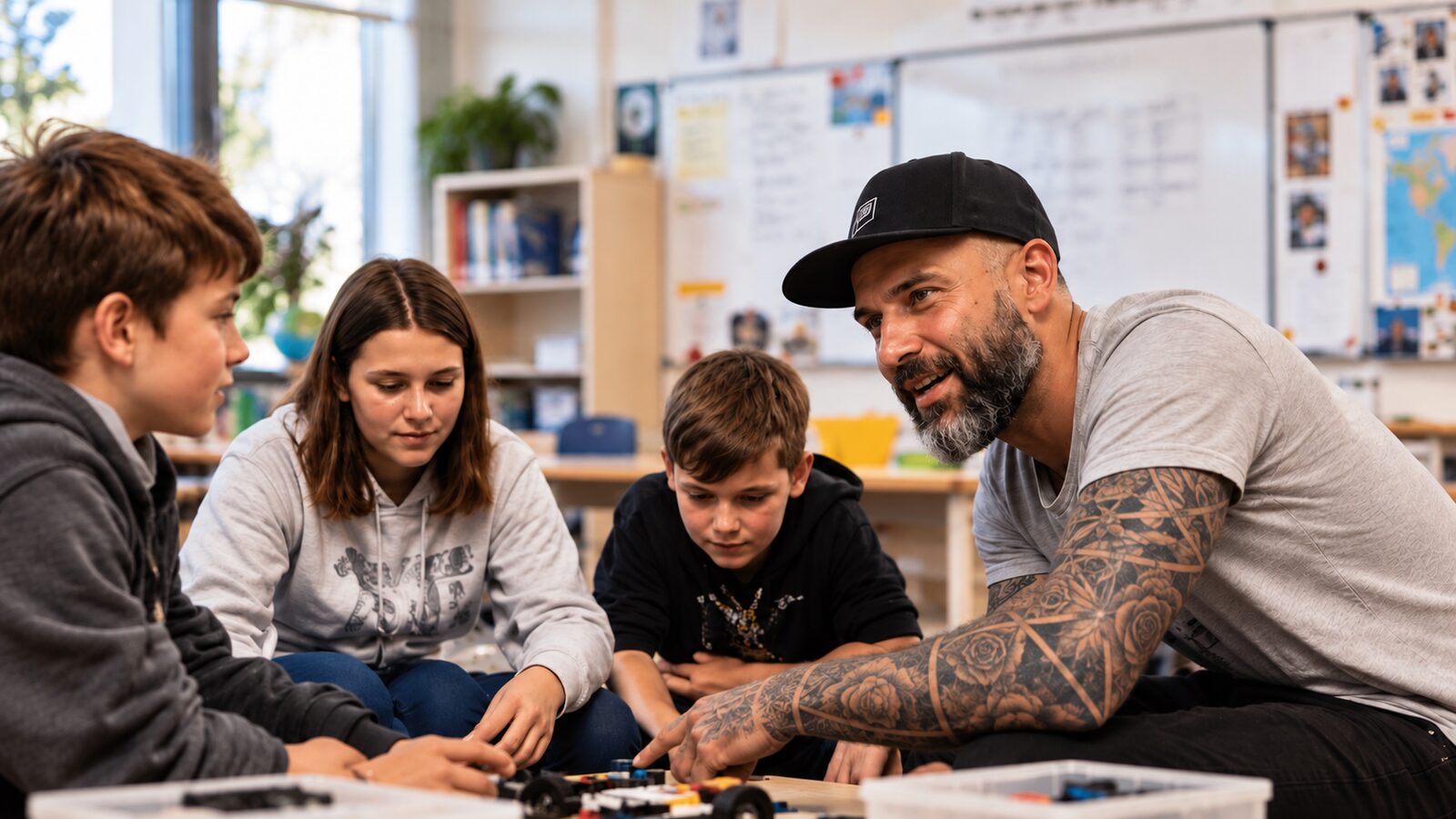 Oliver Grann som mentor sammen med elever i et klasselokale